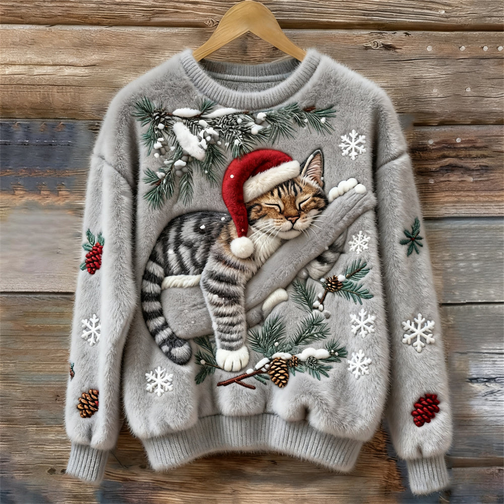 Festliche Katze | Weihnachtspullover mit Katzenmotiv und 3D-Applikation – Gemütliches Design für festliche Stimmung