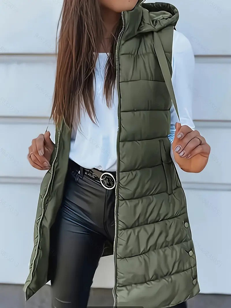 Übergroße, gesteppte Damenweste – Langer Kapuzenbodywarmer für winterliche Lagenlooks